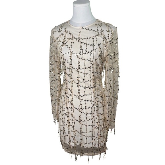 PrettyLittleThing Dresses & Skirts - Gold‎ Sequin Fringe Mini Dress Nude Lined Party Night Out Size 6
